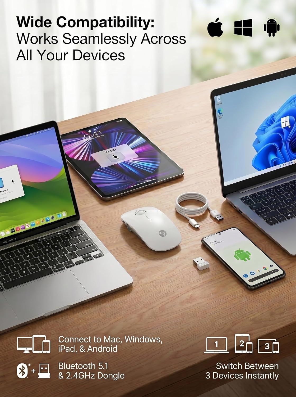 RAPIQUE R306 2.4G, Symmetrical Pro Wireless Mouse, Dual Bluetooth & Type-C Rechargeable, Silent Click, Slim Design