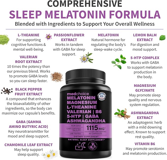 12-in-1 Melatonin Sleep Capsules - Natural Sleep Aids for Adults with Melatonin 5mg and Magnesium Glycinate 500mg, Sleep Aid with Ashwagandha, L Theanine, Valerian Root, GABA, 5-HTP (90ct, Pack of 2)