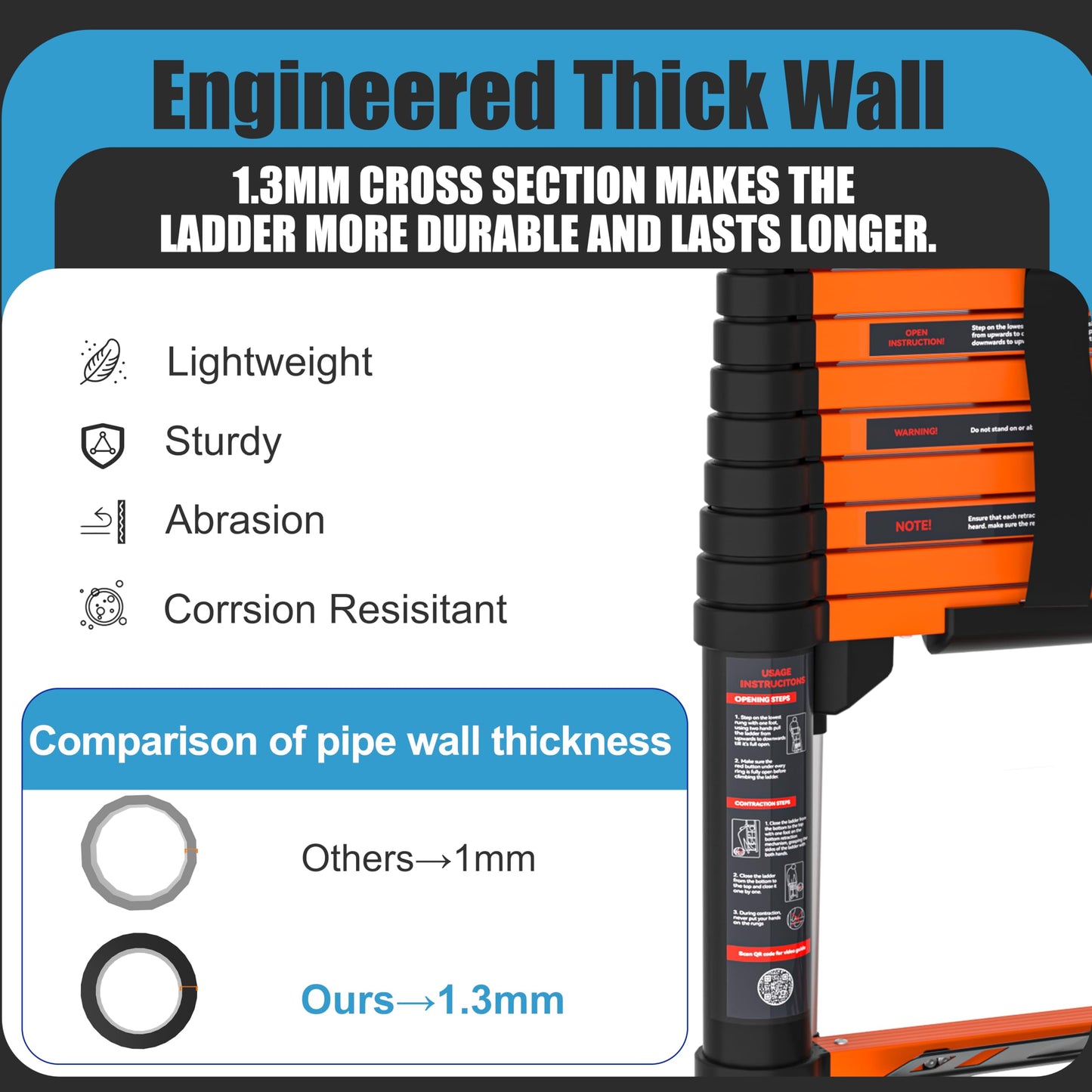 AOPENG 12.5FT Telescoping Ladder,Quick Folding Aluminum Extension Ladder for RV/Home/Outdoor, 330lbs Max Load Orange