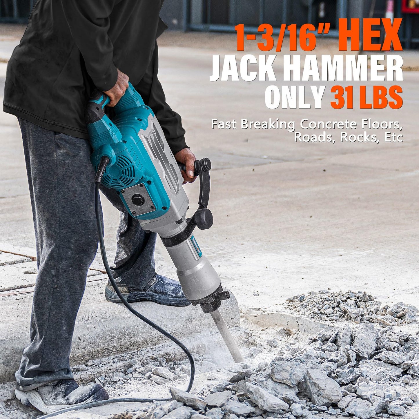 Berserker 1700W 30-Pound Demolition Jack Hammer with 1-3/16" Hex, 14-Amp Corded Electric Heavy Duty Demo Chipping Hammer Concrete/Pavement Breaker with Carrying Case Flat Chisel Bull Point Chisel