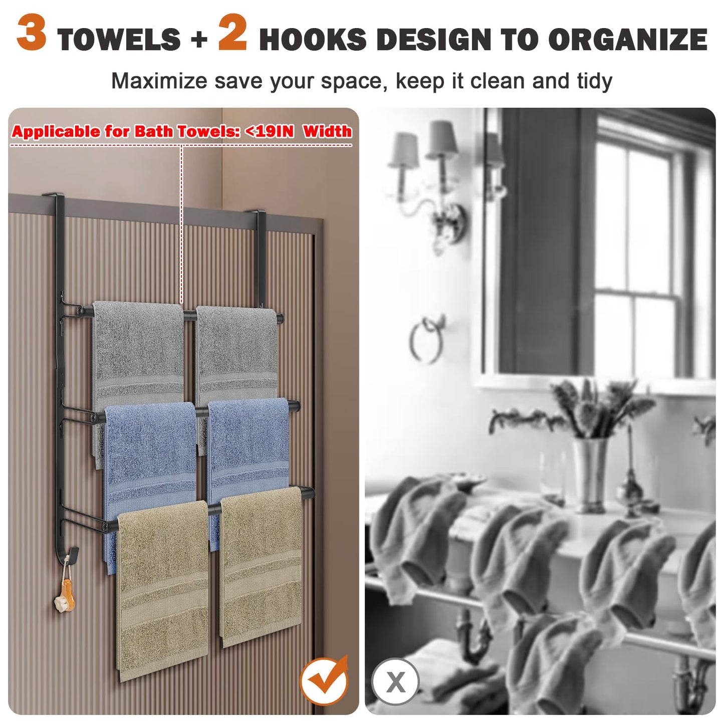 Livabber 3-Tier Over The Door Towel Rack, All Metal Towel Rack with Hooks for Door Hanging, Behind Door Towel Bar Towel Storage Holder for Bathroom Accessories, Black (19.37" L x 5.9" W x 24.4" H)