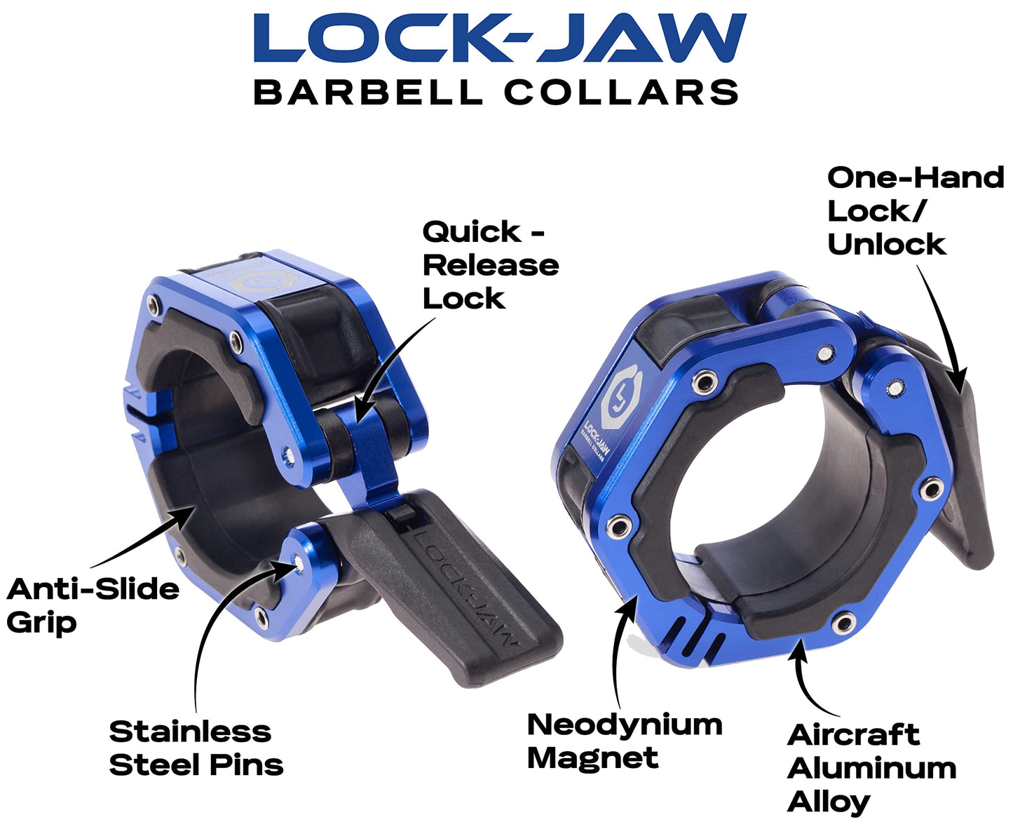 Lock-Jaw Flex Barbell Collars Olympic Barbell Clamps w/Magnet 2 Pcs – Heavy Duty Bar Clamps for 2” & 50mm Olympic Bars – Secure Weight Bar Clamps for Strength Training & Home Gym Accessories – Blue