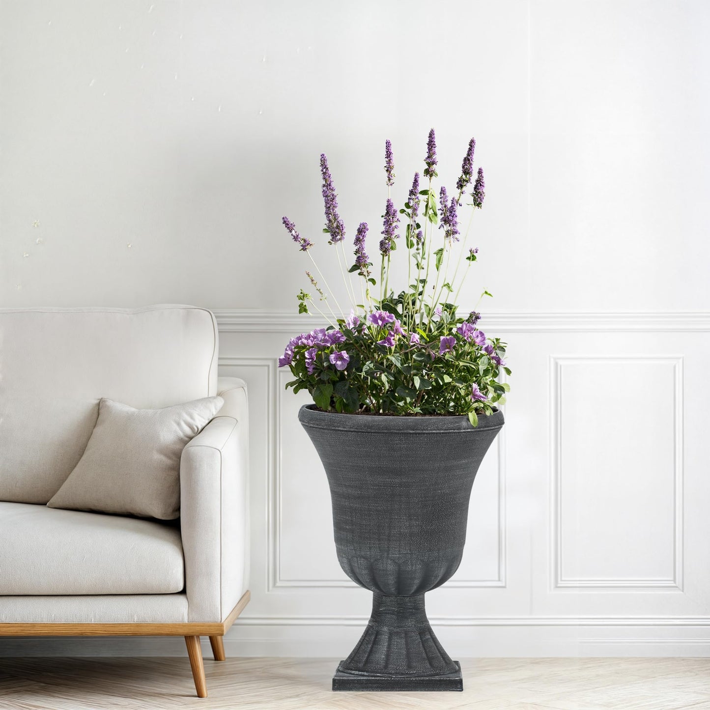 Autodaya 22" Timeless Urn Planters for Outdoor Plants, Set of 2 Plastic Large Flower Pot with Handmade Washed Black Finish, Weather-Resistant for Porch, Garden, Patio or Indoor Use
