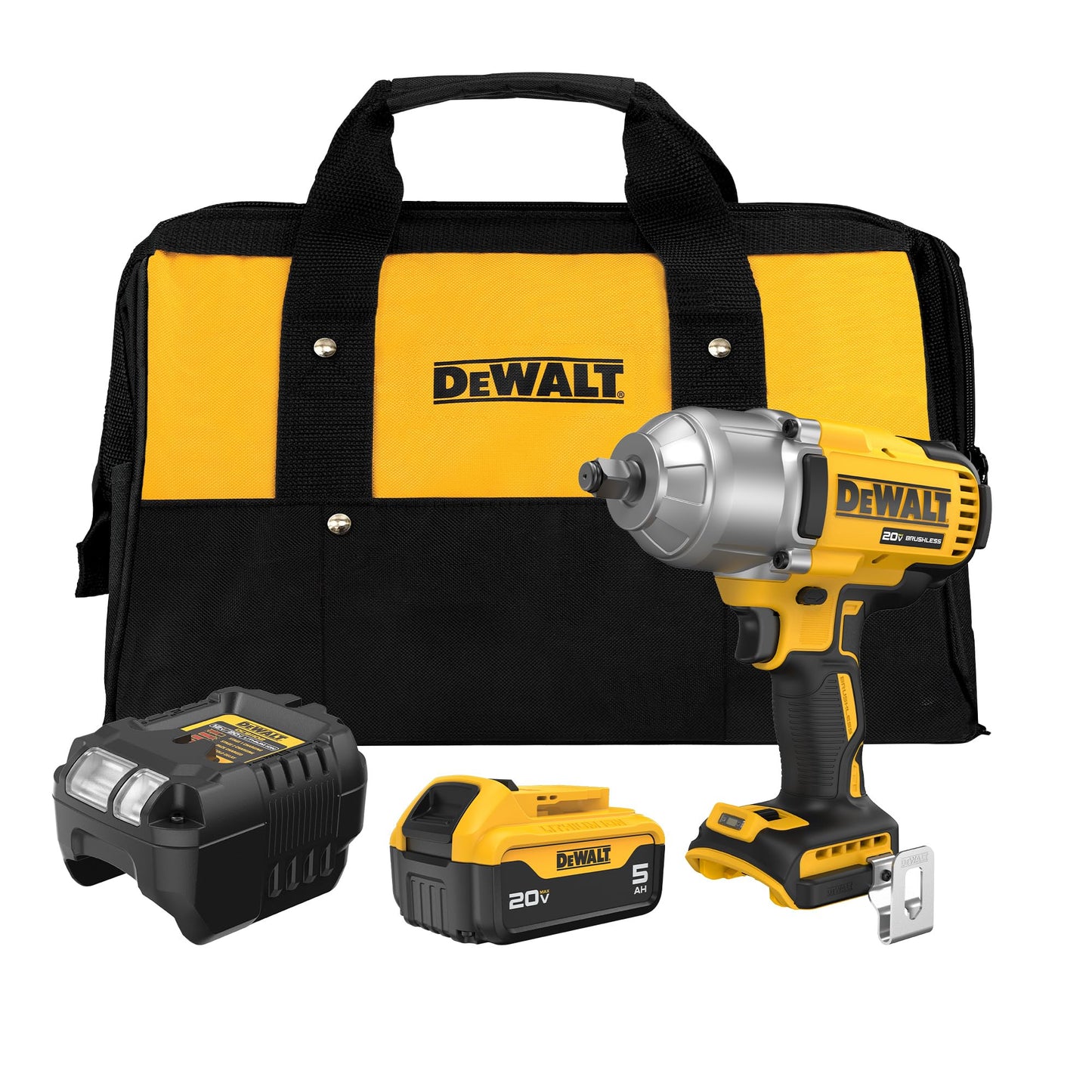 DEWALT 20V MAX Cordless Impact Wrench with Hog Ring Anvil, Brushless High Torque 1/2 Impact Gun, 4-Mode Speed, Includes Battery, Charger and Kit Bag (DCF900P1)