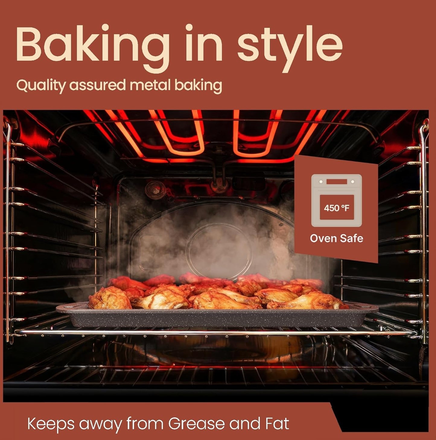 Regine Switzerland Nonstick Cookie Sheet Set - 2-Piece Brown Marble Carbon Steel Pan & Cooling Rack, Oven Safe Up to 450°F, Space-Saving Design
