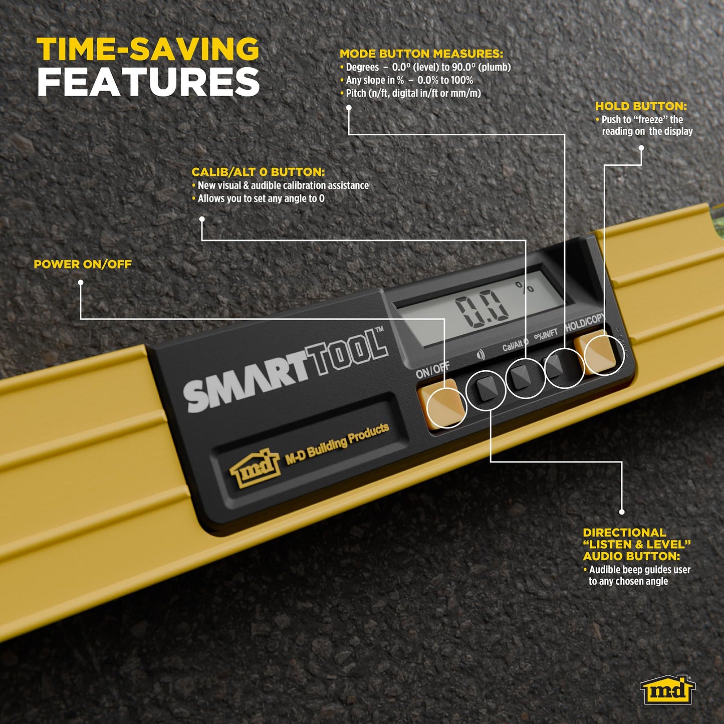 M-D Building Products 92296 SMARTTOOL® 48 Inch Digital Level: Precision Measurement with LCD Screen, Audible Alerts, Water Resistance, High Visibility, and Heavy-Duty Aluminum Frame