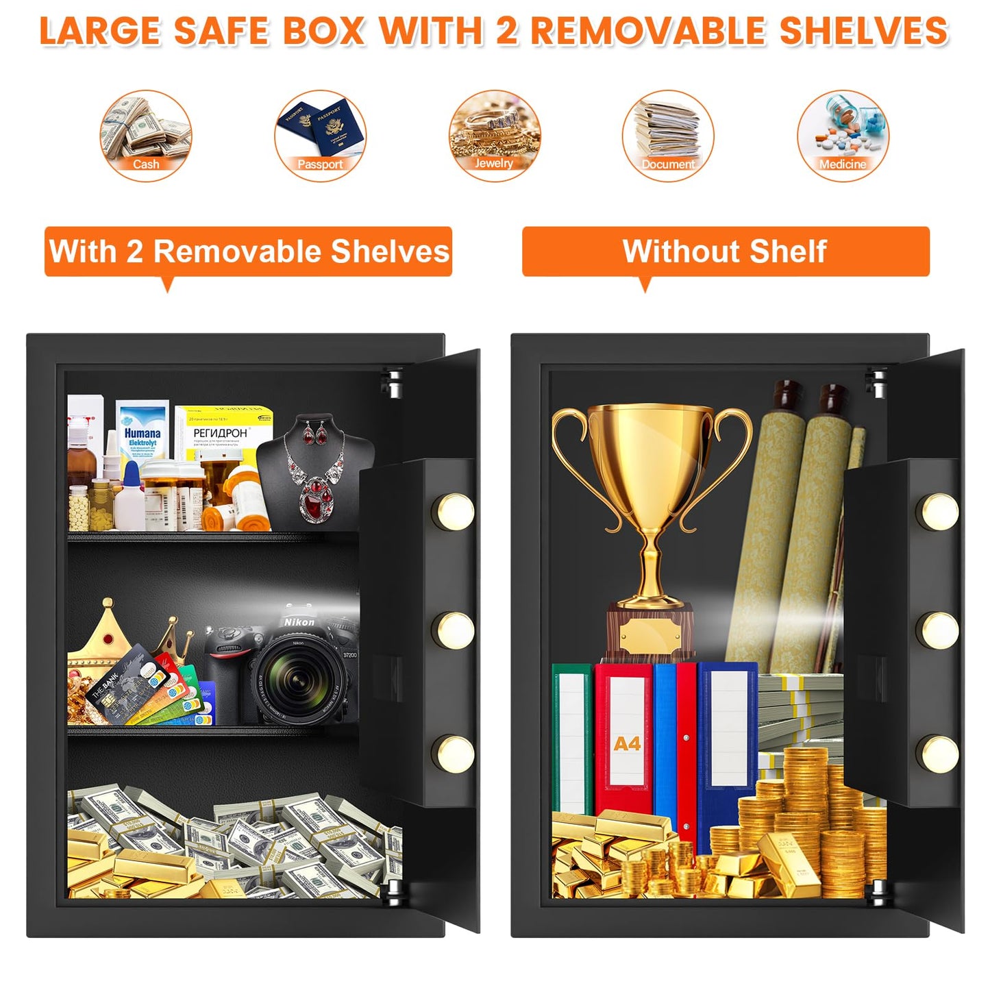 21.65"H Large Safe Box for Home, 3.8 cu ft Anti-Theft Safe with A4 Fireproof Bag, Steel Security Safe with Keypad Lock, Backup Keys, External Power Supply Box, Document Safe for Cash Medicine Document