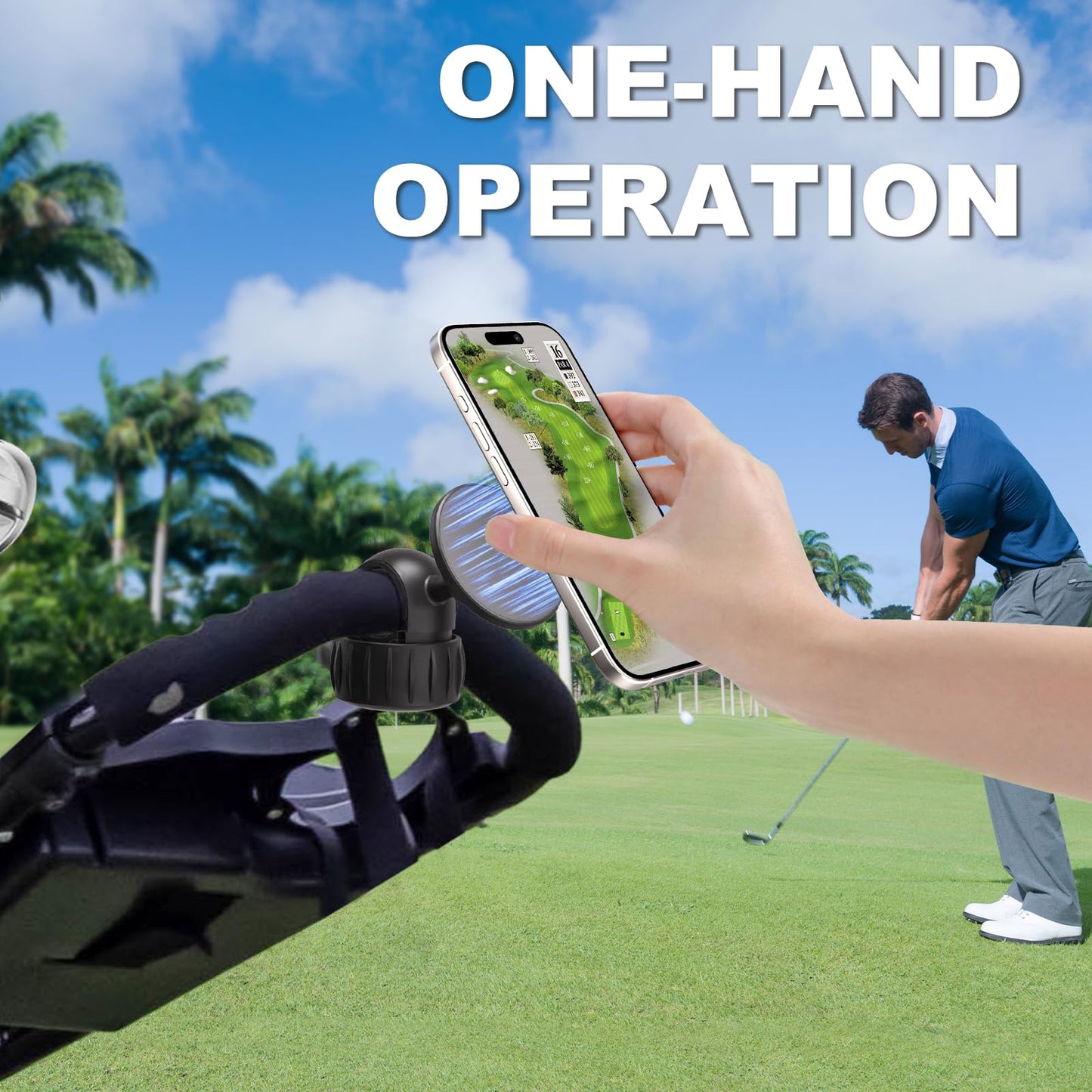 Golf Push Cart Magentic Phone Holder Mount 360° Rotatable with Strong Magnets Phone Holder for Push Golf Cart Compatible with Clicgear, Bag Boy, Sun Mountain, Golf Push Cart Accessories for All Phones