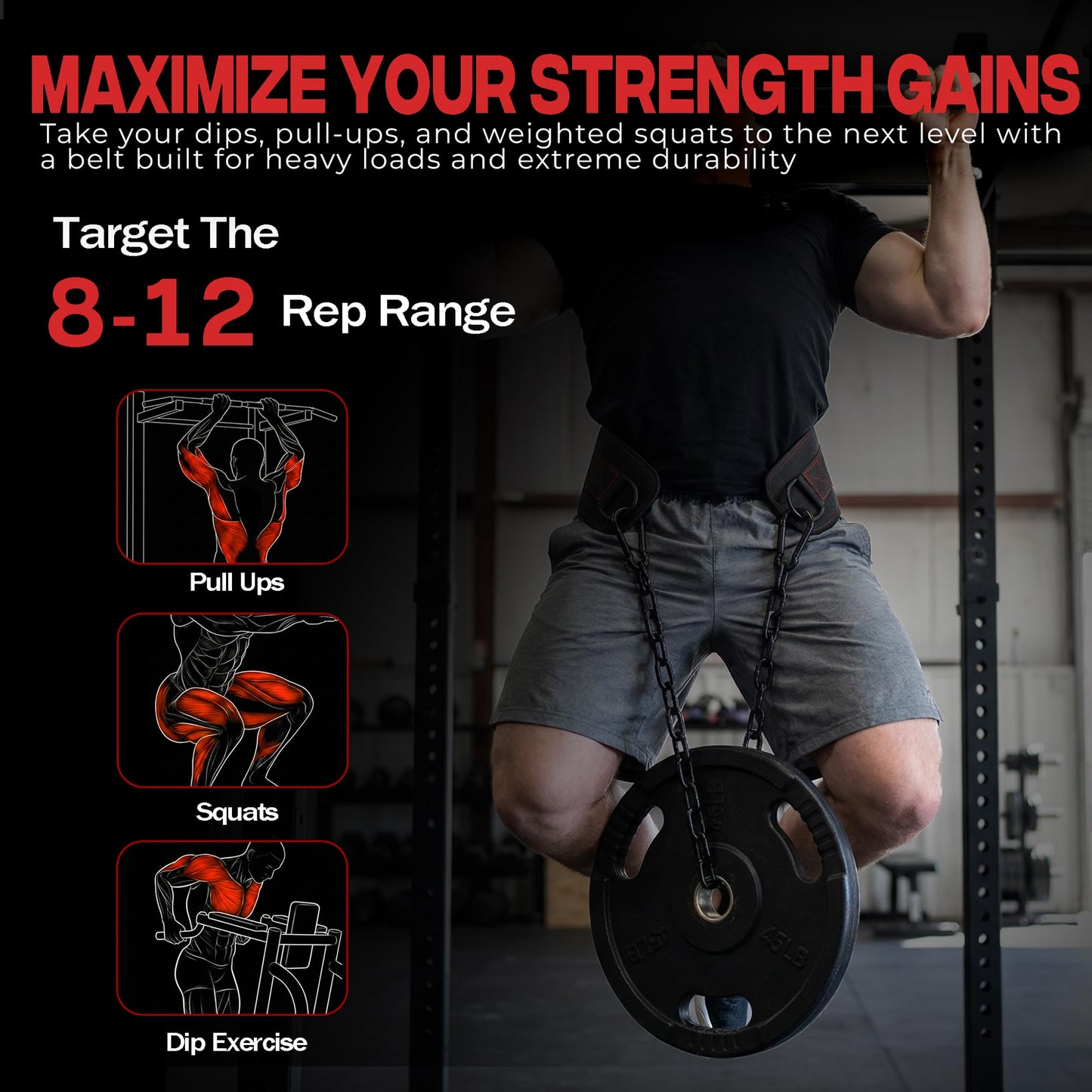 Weightlifting Dip Belt with Chain, Heavy Duty 550-650 lbs Capacity, for Dips and Pull-ups
