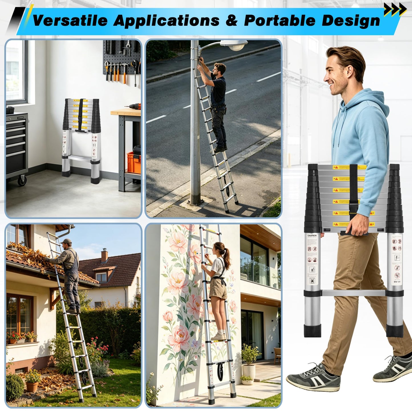 12.47FT Telescoping Ladder, Aluminum Lightweight Multi-Purpose Collapsible Extension, One-Touch Retraction Ladder,330lbs Load Capacity & Non-Slip Feet, for Home (Sliver, 12.47 FT (One-Button))