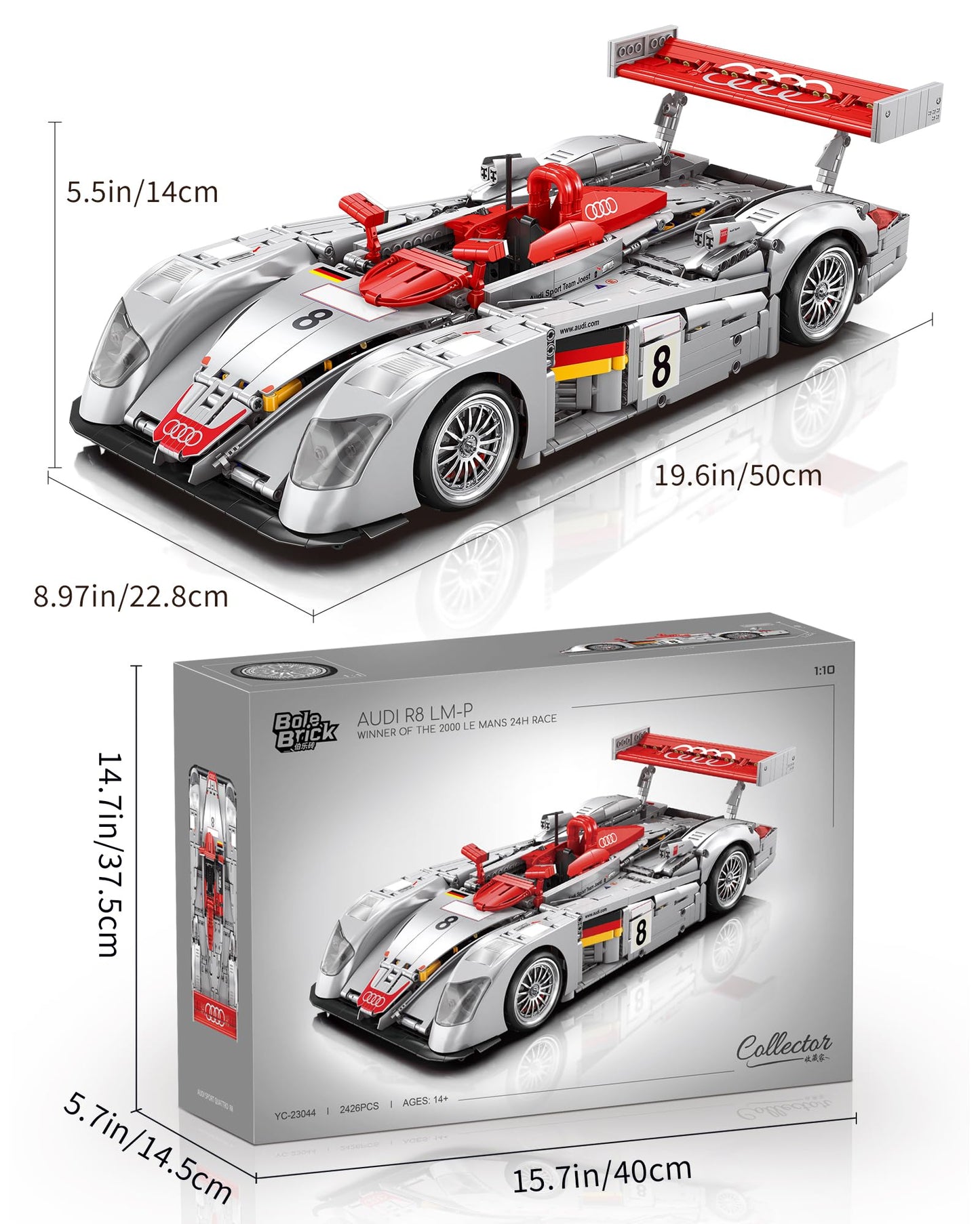 MOCBURIKU Audi R8 LM-P 24H Le Mans Winner, Collectible Race Car Building Kit for Adults Teens, 1:10 Scale Racing Techinc Car Model, Home or Office Décor Gift for Motorsport Fans Age 14+ (2,426 PCS)