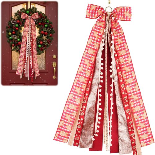 Buffalo Plaid Christmas Wreath Sash Bow - 27.5" Metal Clip with 7 Layered Ribbons for Holiday Decor