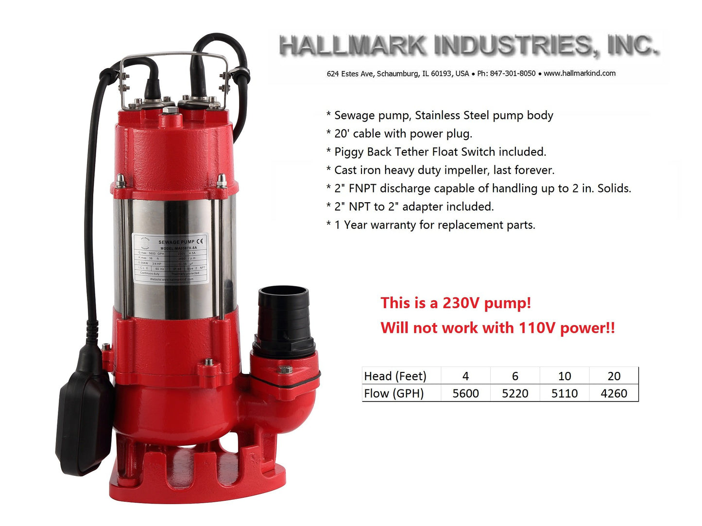 Sewage Pump, S.S, 3/4HP, 230V, 38' head, 5600gph. 20' Cable, Heavy Duty