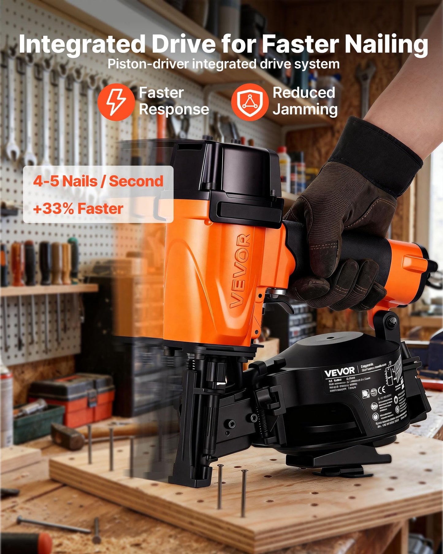 VEVOR Professional Roofing Nailer CN45N, 3/4" to 1-3/4" 15 Degree Air Roofing Nail Gun, 4–5 Nails/S Ultra-Fast Nailing, 70-110 PSI Pneumatic Coil Nailer for Asphalt Shingles, Roof Sheathing