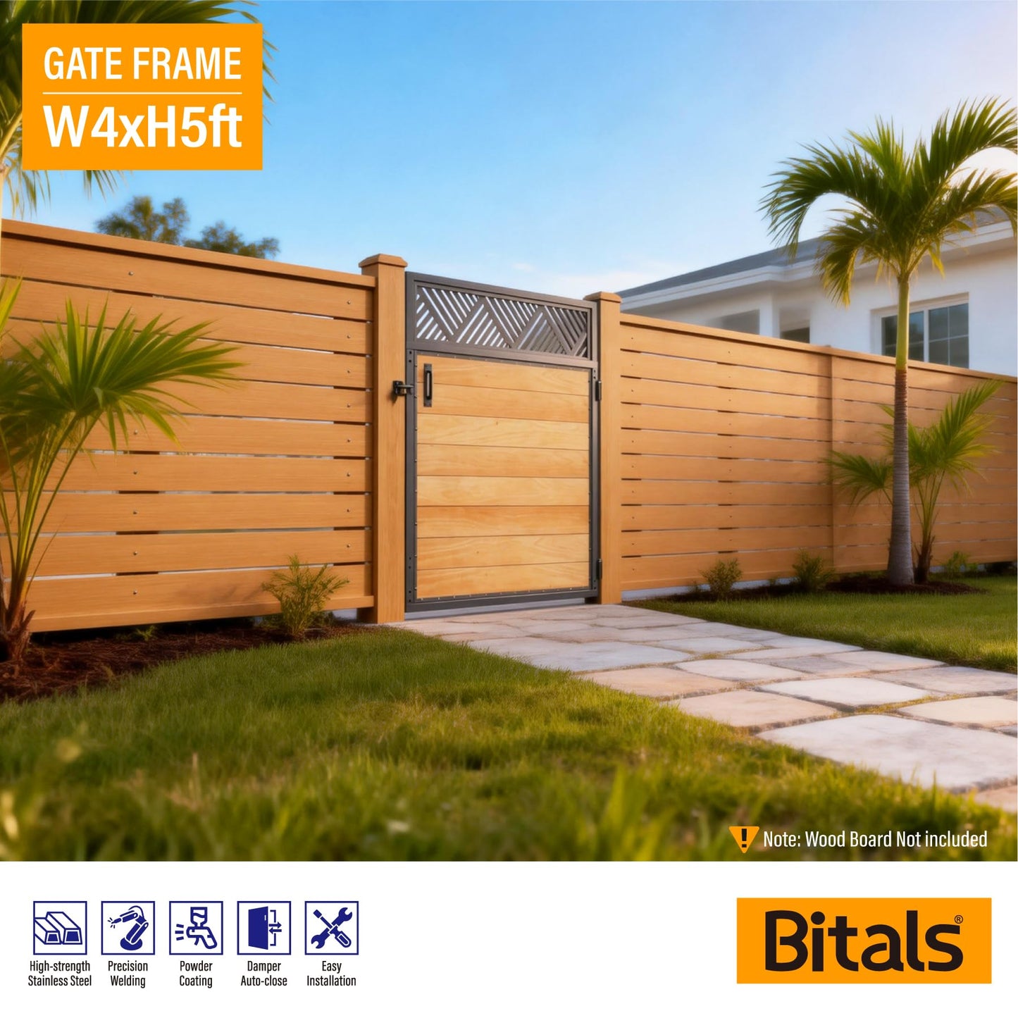 Bitals 4x5FT Fence Gate Frame Kit 201 Stainless Steel Anti-Sag Heavy Duty Garden Gate Reinforcement Hardware, Left/Right Mount (No Panels Included)(46.78"W x 59.0"H)