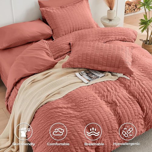 HYMOKEGE Coral Queen Comforter Set - 7-Piece All-Season Luxury Bedding Set with Sheets & Pillowcases