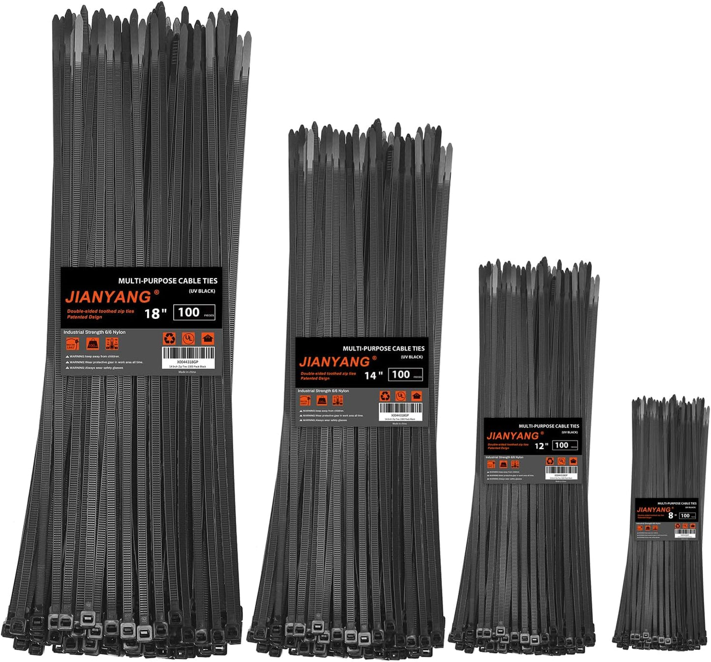 Size,8+12+14+18 Inch Toothed,100 LBS Outdoor400 Pack Zip Ties Assorted Double Sided Tensile Strength Heavy Duty Cable