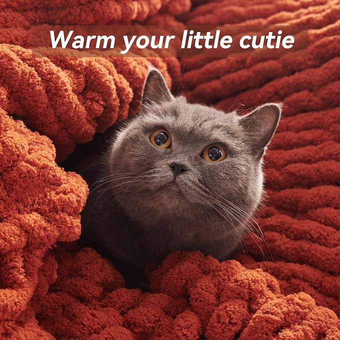 Negwoo Chunky Knit Throw Blanket, 30''*40'' Fall Throw Blanket Knitted Chenille Yarn for Bed Couch, Handmade Orange Crochet Big Thick Blanket, Machine Washable Cute Comfy Blankets for Home Decor