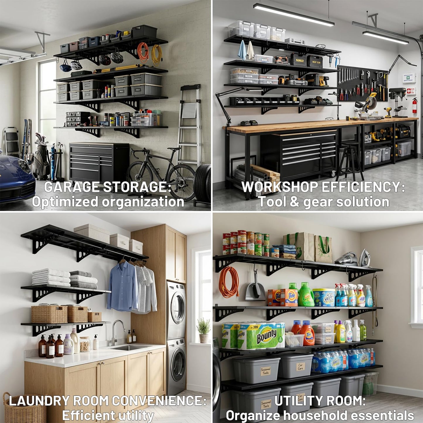 Cuguords 2-Pack 1.5x4ft Garage Wall Shelving, 500 Lbs Heavy Duty Garage Shelving Wall Mounted, Flat Metal Rack With Complete Install Kit & Hooks, Black