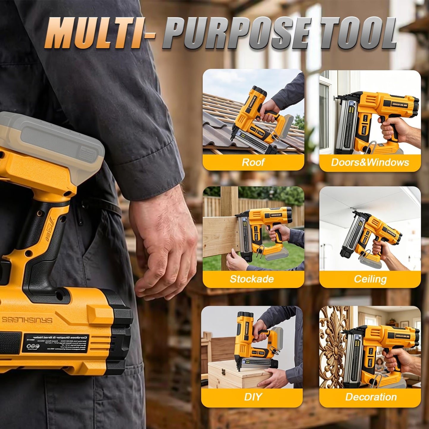Cordless 2" Brad Nailer Compatible with DeWalt 20V Battery (No Battery), Heavy-Duty 2 IN 1 Electric Nail Gun/Staple Gun 18GA, Battery Powered Brad Nailer for Woodworking & Home Improvement, 6.68 LBS