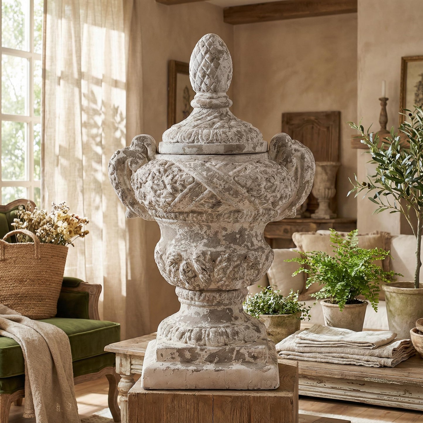 SOFE 28 Inch Tall Large Outdoor Plant Pot, Lidded Garden Planter Urns, Distressed White Planter Pot, Planters for Outdoor Plants, Pedestal Planter, Resin Front Porch Planters