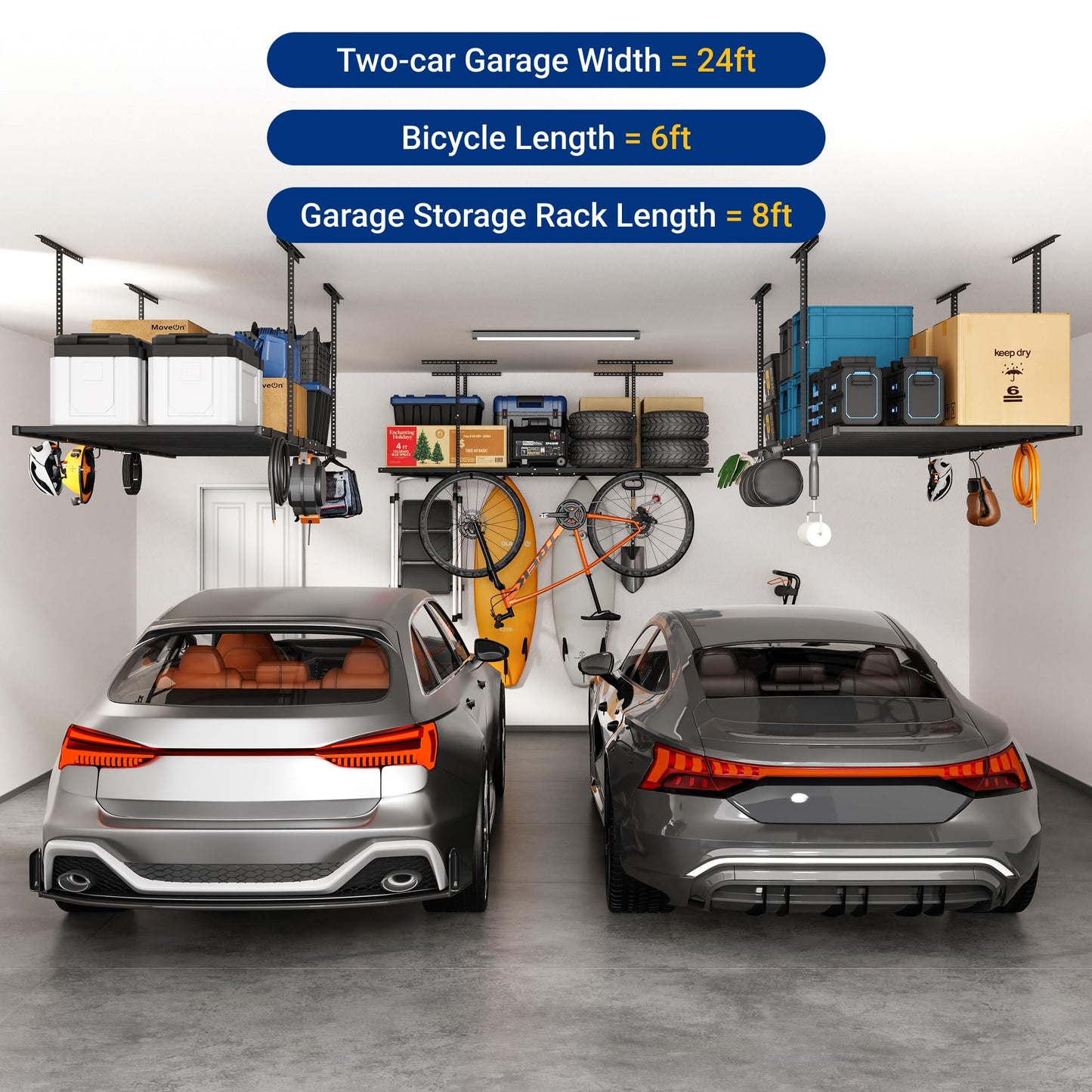 FLEXIMOUNTS 4x8 Overhead Garage Storage Rack with 6 Hooks, Adjustable Storage Organization System, Heavy-Duty Metal Ceiling Racks, 22.6" -39.4" Ceiling Dropdown, Black, Lite Series