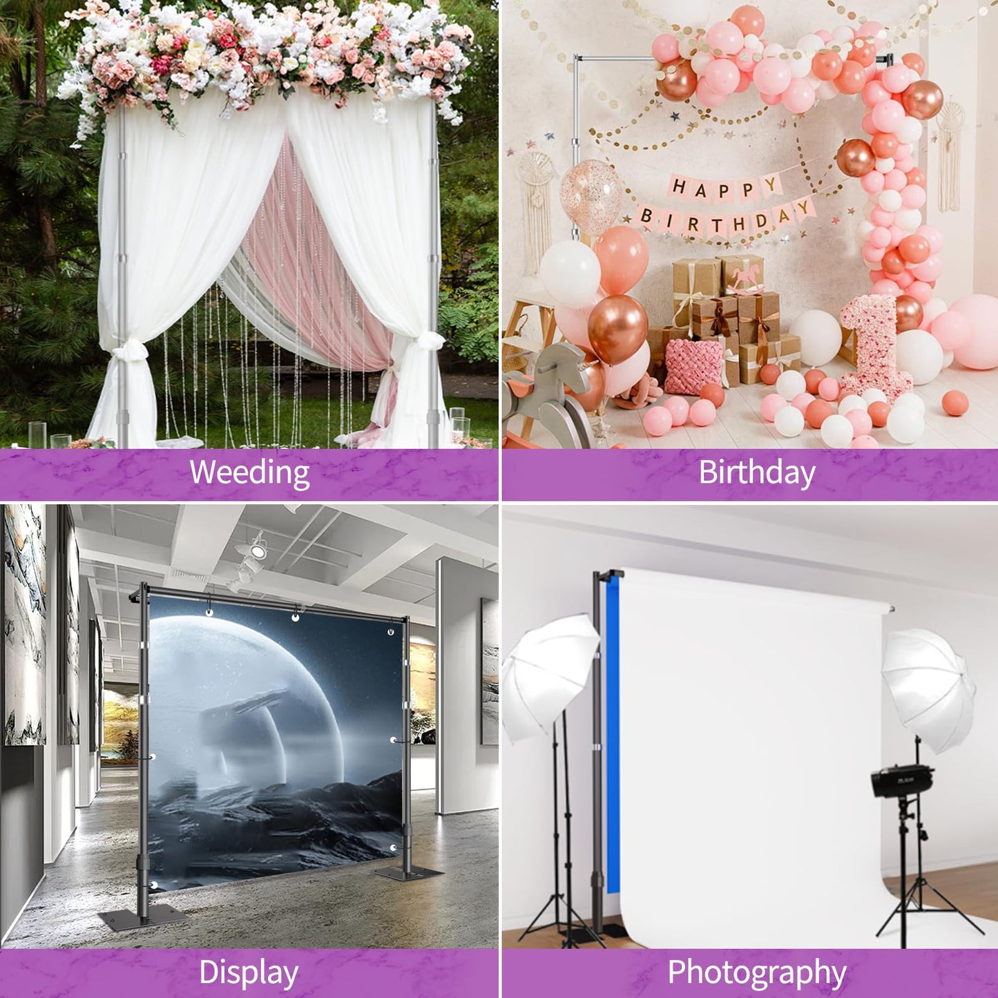 8.5x10ft Double Crossbar Pipe and Drape Stand Kit, Heavy Duty Backdrop Stand Adjustable, Sturdy Metal Back Drop Decoration Frame with Flat Base for Parties, Wedding,Trade Shows, Photo Shoot - Black
