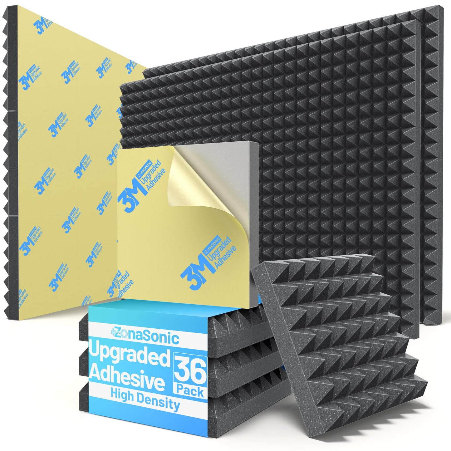 36 Pack Pyramid Sound Proof Foam Panels for Walls with Updated Self-Adhesive 3"X12"X12" High Density Acoustic Panels Sound Absorbing Fast-Expanding Soundproof Wall Panels for Gaming Studio Decor-Black
