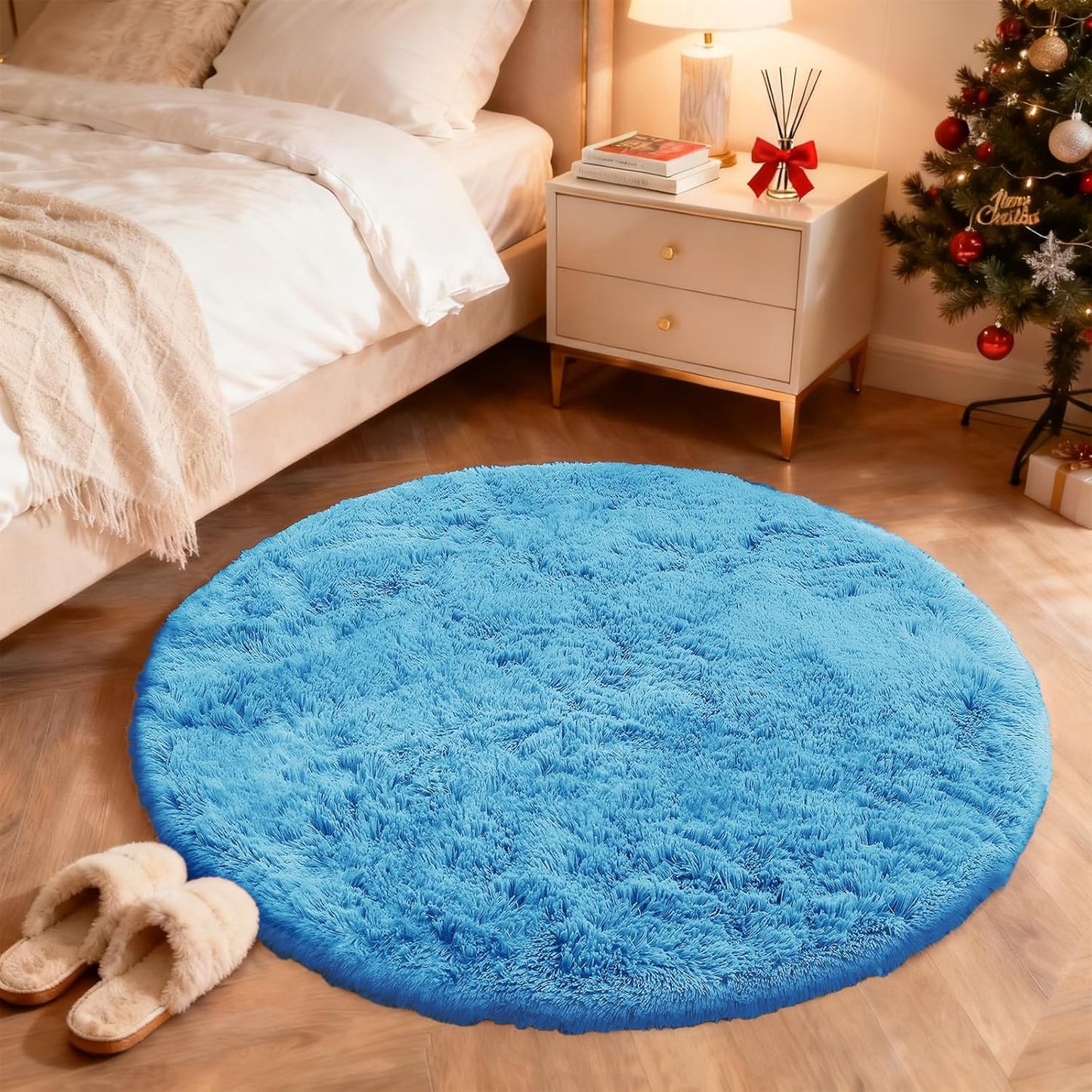 OLANLY Bright Blue Round Rug - Soft, Fluffy Shaggy Carpet for Bedroom | 4 ft Machine Washable Area Rug