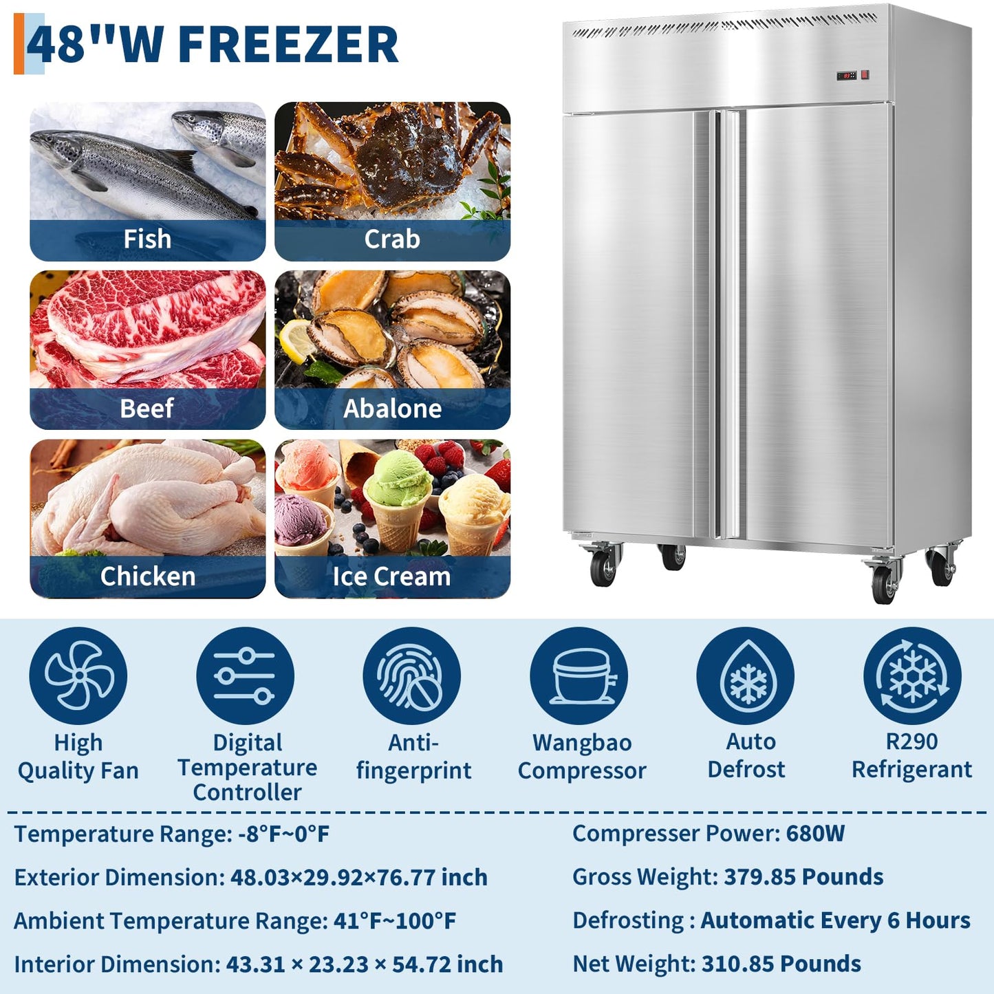 PeakPursuit 48" W Commercial Freezer -8°F~0°F,Reach-in 36 Cu.ft 2 Door Stainless Steel Commercial Refrigerator Fan Cooling,6 Adjustable Shelves, Auto Defrost,for Restaurant,Bar,Kitchen,Shop