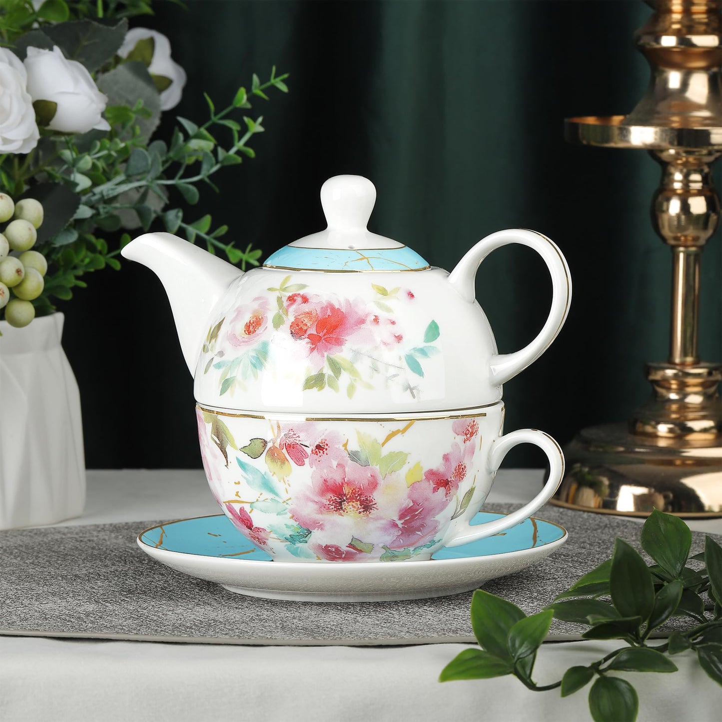 fanquare Pink Floral Teapot, Tea Cup and Saucer Set with Gold Trim, Porcelain Tea for One Tea Set for Gift, Blue