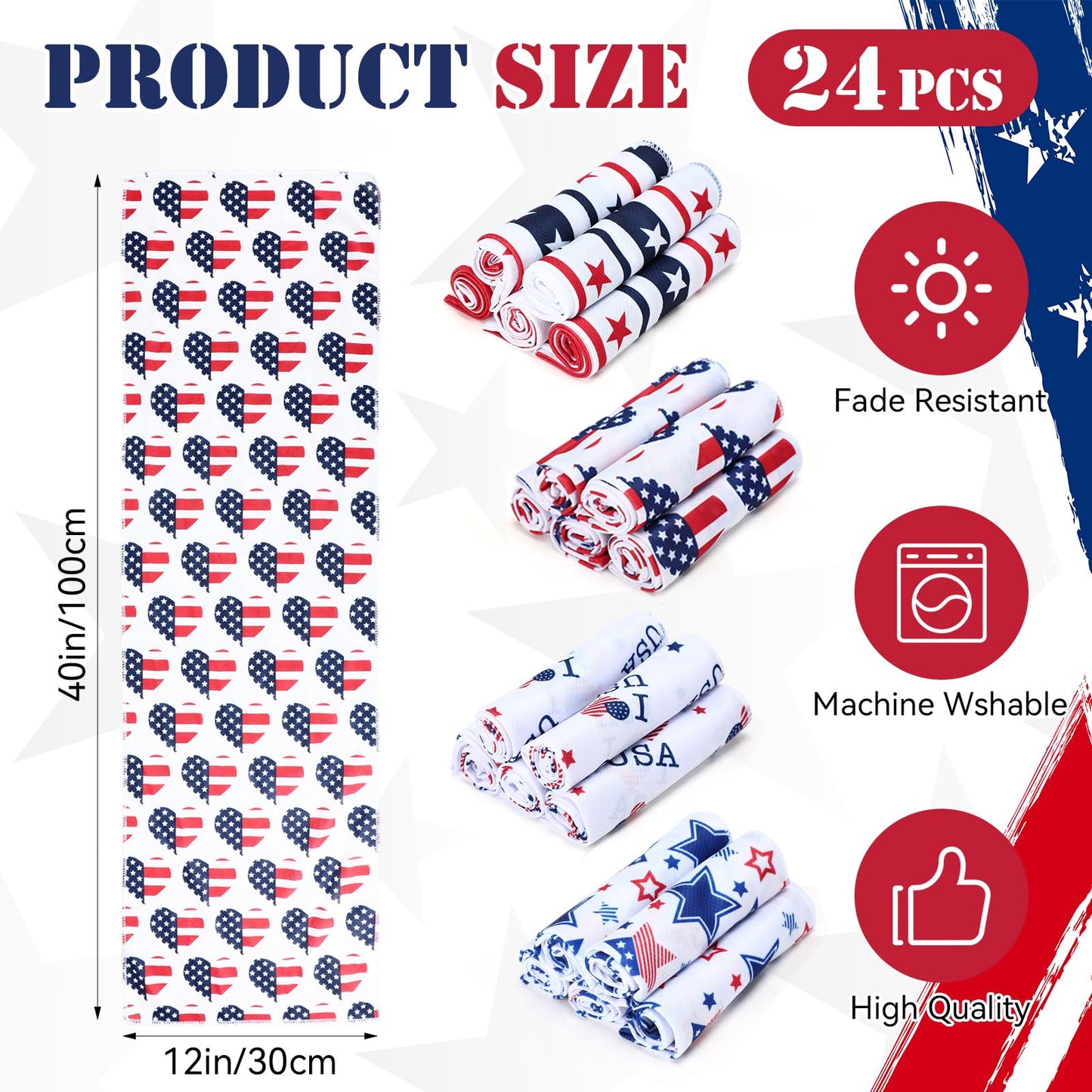 24 Pack Patriotic Cooling Towel Bulk with American Flag 40" x 12" 4th of July Neck Cooling Towel Sweat Rags Soft Breathable Chilly Neck Wraps for Face Outdoor Sport Running Yoga Baseball Golf