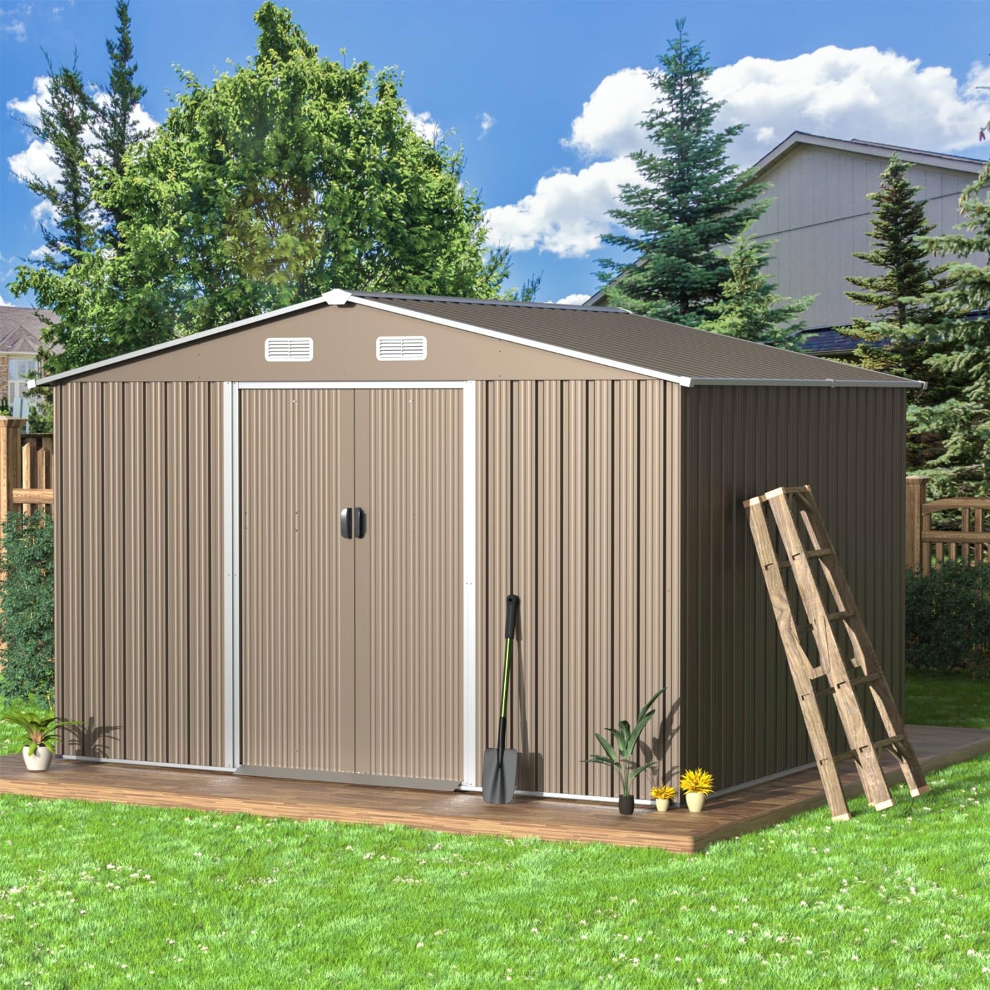 ALAULM 10'x8' Outdoor Storage Shed Outdoor Galvanized Metal Tool Shed with Vents & Sliding Door, Waterproof Garden Shed for Patio,Lawn,Backyard to Store Bikes,Tools-Brown