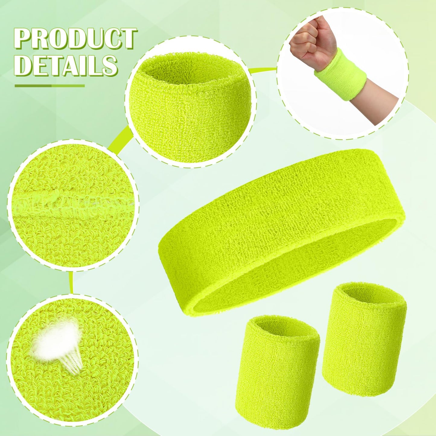 24 Pieces 80s Neon Sweatbands Set, Include 8 Sports Headbands and 16 Sweat Wristbands Elastic Athletic Tennis Sweat Bands Bulk for Man Woman(Fluorescent Yellow)