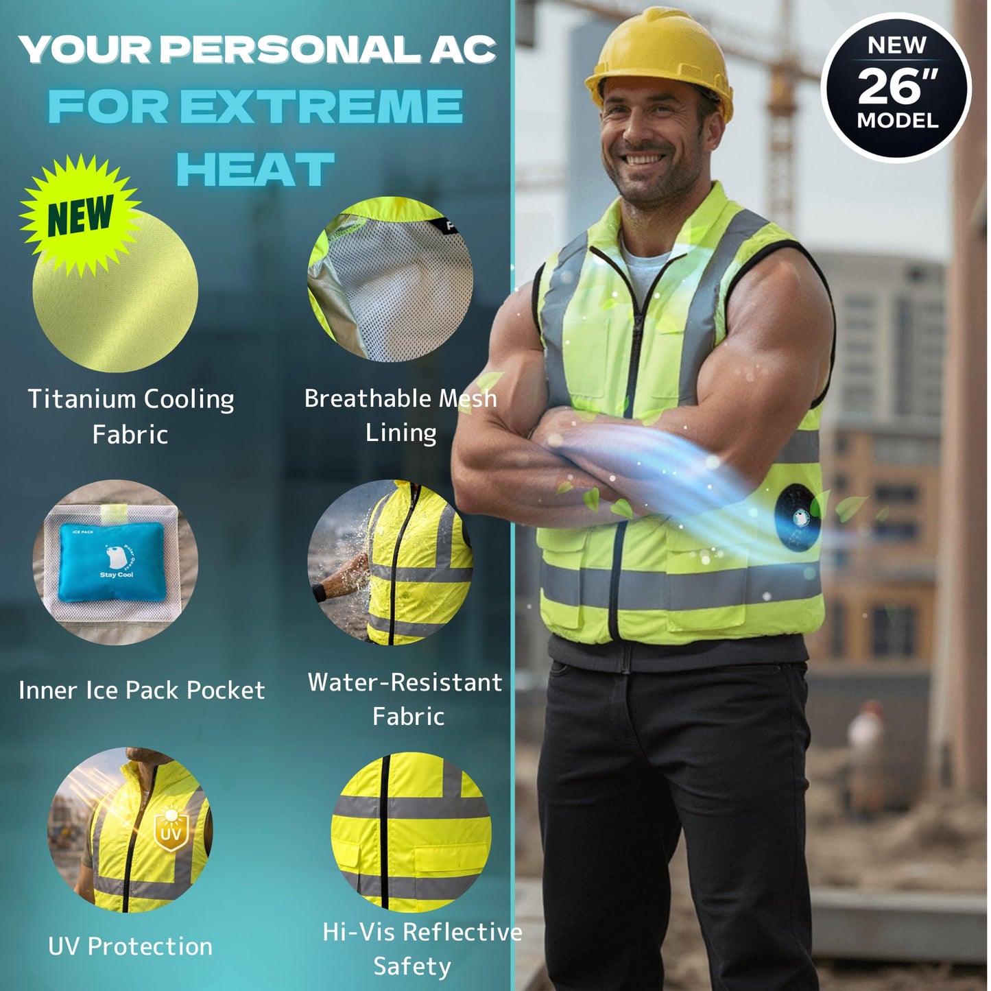 POLAR QUEST SHOP Hi-Vis Cooling Fan Safety Vest (Titanium Coated) | Reflective Work Vest with Fans & Battery, UV Protection, Water-Resistant Outdoor Work