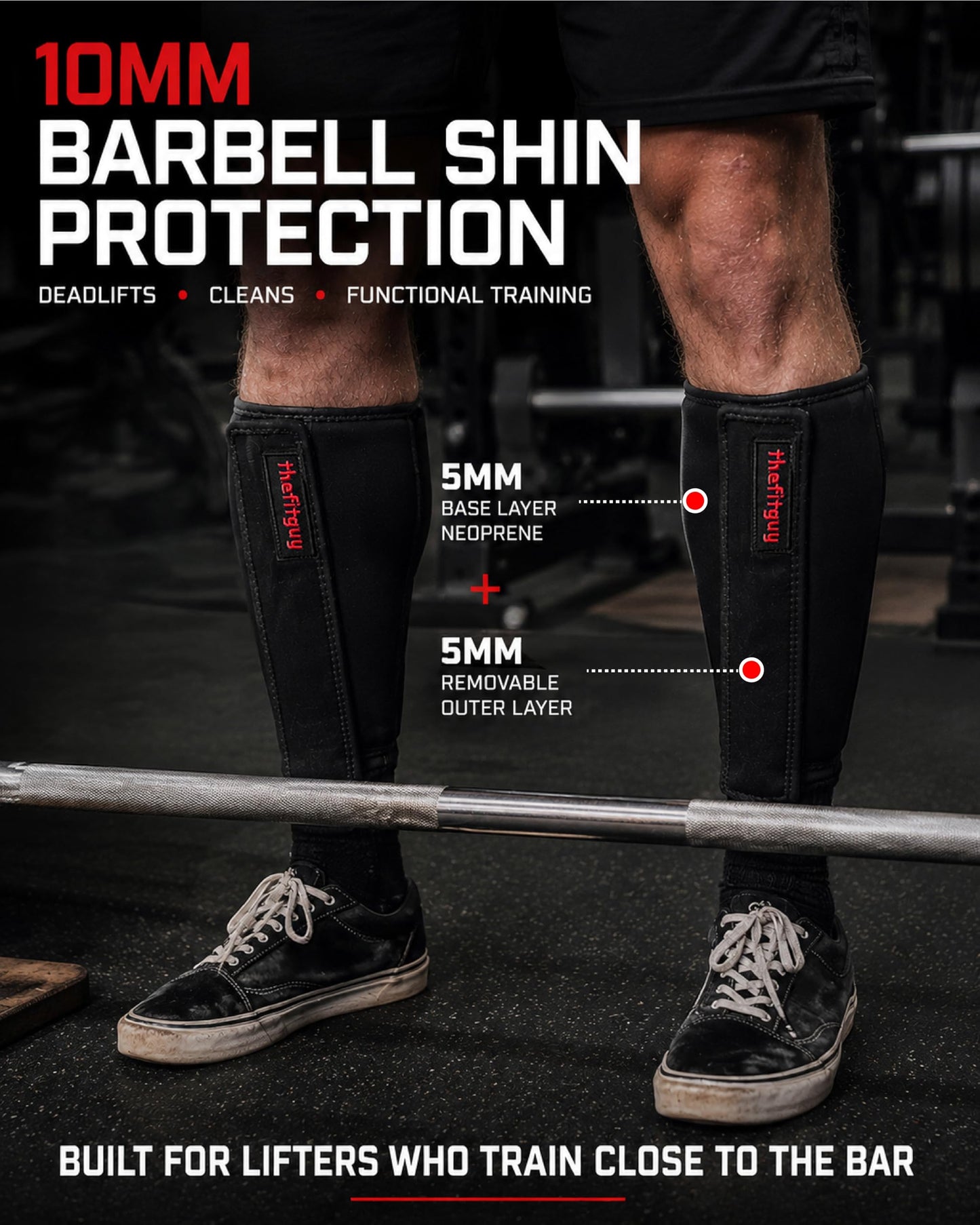 THEFITGUY Ultra Weightlifting Shin Guards | 10mm Shock-Absorbing Front Projection | Detachable Straps | Easy On-Off | 2 Extra Straps Included | For Deadlifts, Snatches, Cleans, Cross-Training and More