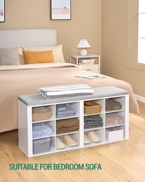 Hzuaneri Shoe Bench with Cushion, Entryway Storage Bench with 12 Cubbies, Cubby Shoe Rack with Adjustable Shelves, Shoe Organizer Cabinet for Living Room, Bedroom, Entryway, White SB19003GY