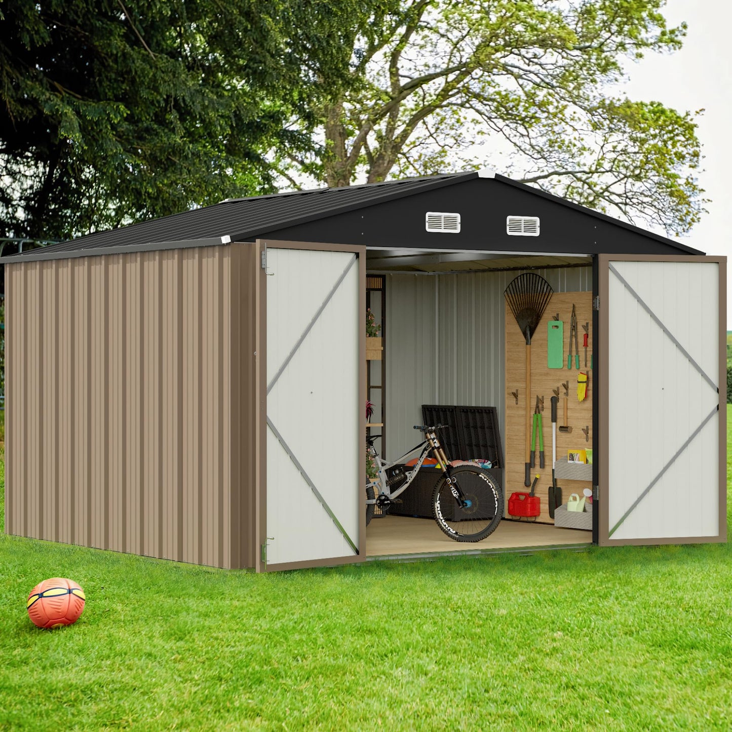 GUNJI 10 x 8 FT Shed Outdoor Storage Shed Metal Garden Shed with Lockable Door Outside Waterproof Tool Shed for Backyard, Patio, Lawn (Brown)