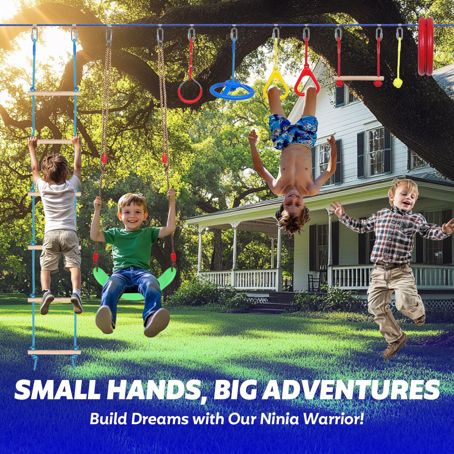 Dollate Ninja Warrior Obstacle Course for Kids - 65 FT, Outdoor Obstacle Course 13 Accessories, Swings, Monkey Bars, Arm Trainers - Suitable for Boys and Girls 3+ - 440 lbs Capacity