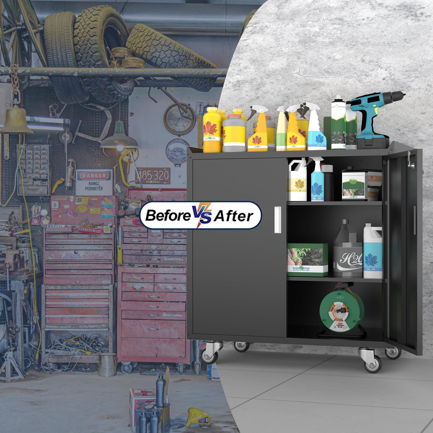 Baborokic Black Garage Cabinet with Wheels,Metal Storage Cabinet,Lockable Storage Cabinet with Doors and Adjustable Shelves,Tool Chest,Rolling Metal Tool Cabinets for Garage,Warehouse,Basement