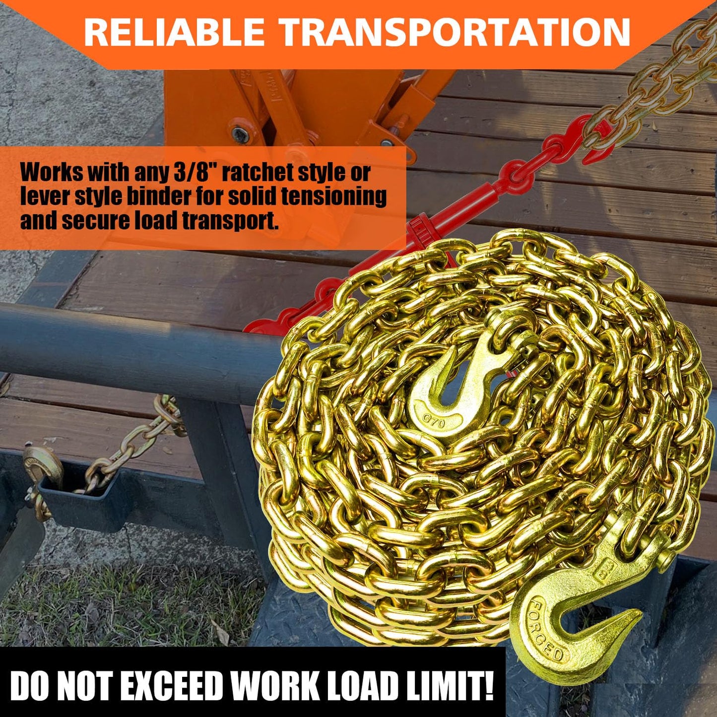 YATOINTO G80 Transport Binder Chain 3/8 Inch x 25 Foot Safety/Binder Chain with Clevis Grab Hooks 7,100 lbs Safe Working Load Logging Chain for Transporting Towing Tie Down Binding Equipment