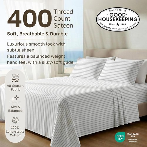 California Design Den Full Size Bed Sheets Set - 100% Cotton, 400 TC, Award-Winning Sateen Finish, Deep Pockets - Pinstripe