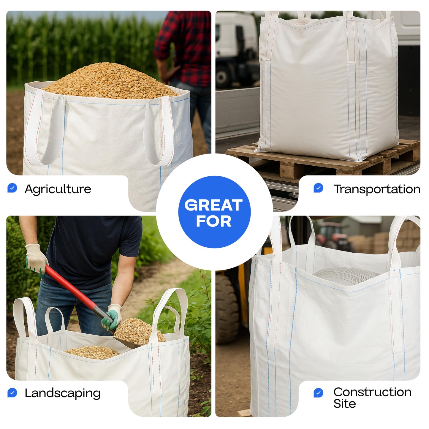 Bulk Construction Bags 35"Lx35"Wx50"H, 5-Pack - USA-Made Open Top, Flat Bottom Bulk Bags 2200 lbs Load Capacity - Heavy-Duty Super Sack for Handling Sand, Gravel & Demolition Debris by IDL Packaging
