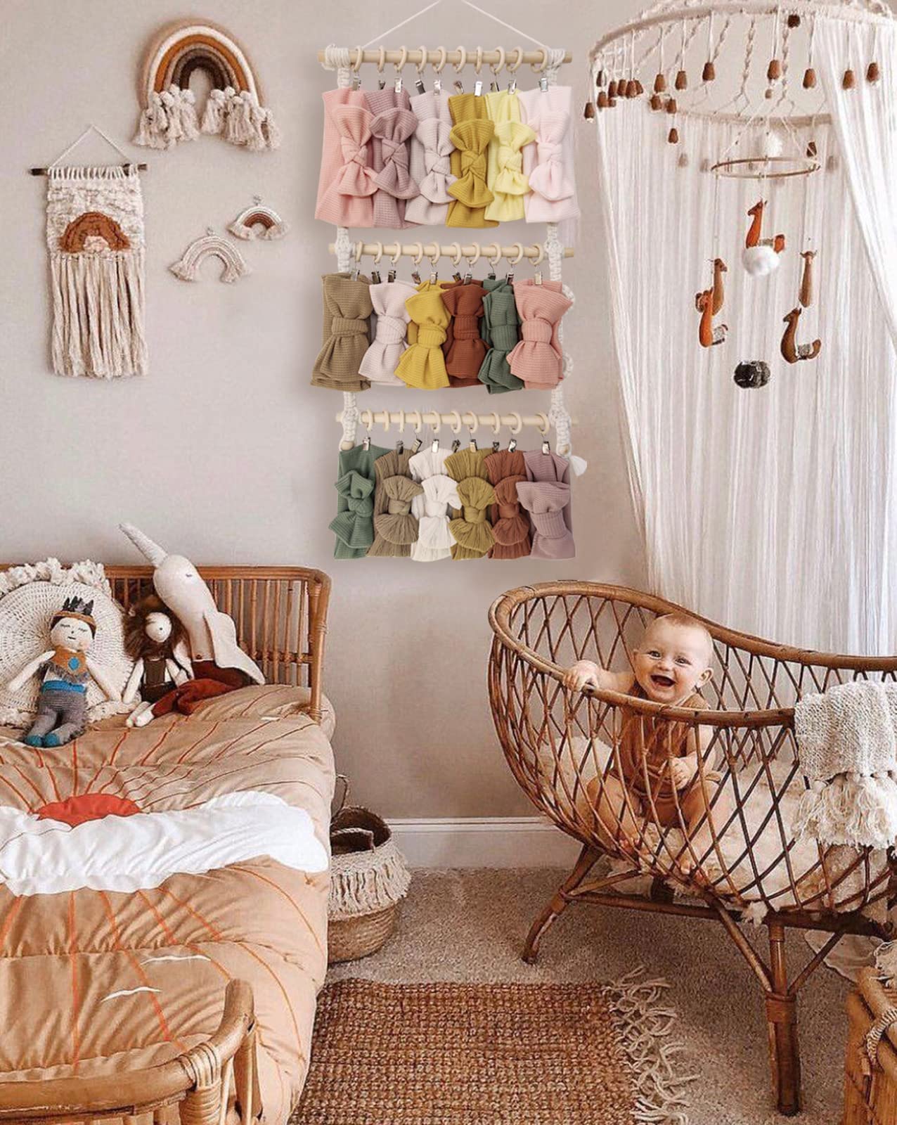 POVETIRE Baby Headband Holder, Hair Bows and Accessories Storage Organizer, Wall Hanging Decor for Nursery Toddler Girls Room (Beige-1)