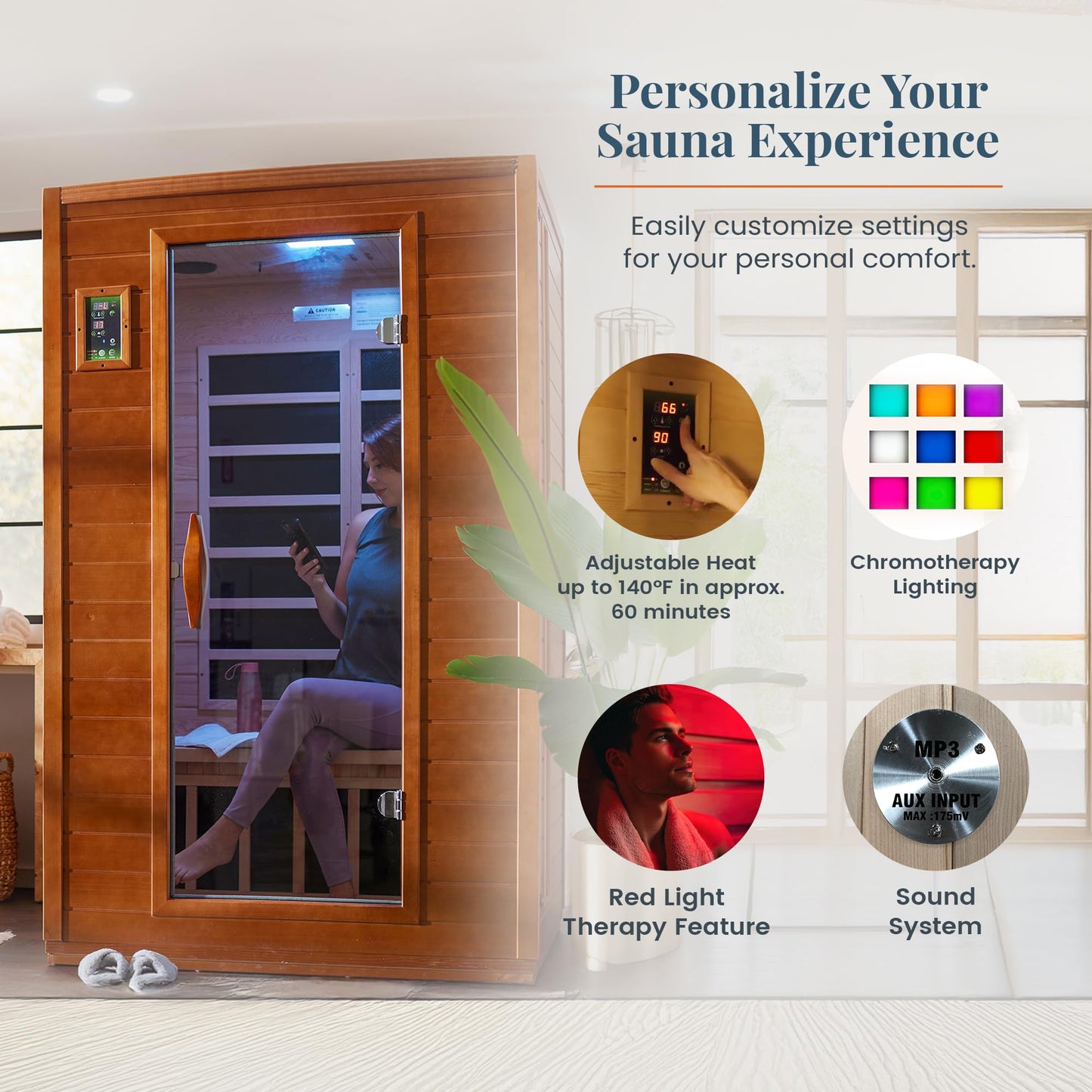 DYNAMIC SAUNAS Andora 2-Person Low EMF FAR Infrared Sauna with Red Light Therapy - Personal Indoor Dry Heat Wooden Sauna with Bluetooth Speakers for Home & Gym - Made from Canadian Hemlock Wood
