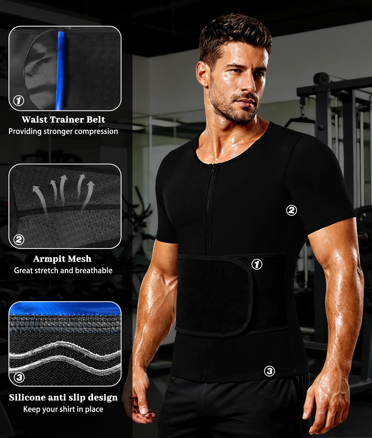 DYUAI Sauna Shirt for Men Sweat Suit Heat Trapping Short Sleeve Workout Shapewear,Adjustable Waist Belt,Breathable Armpit(6020-01-XL)