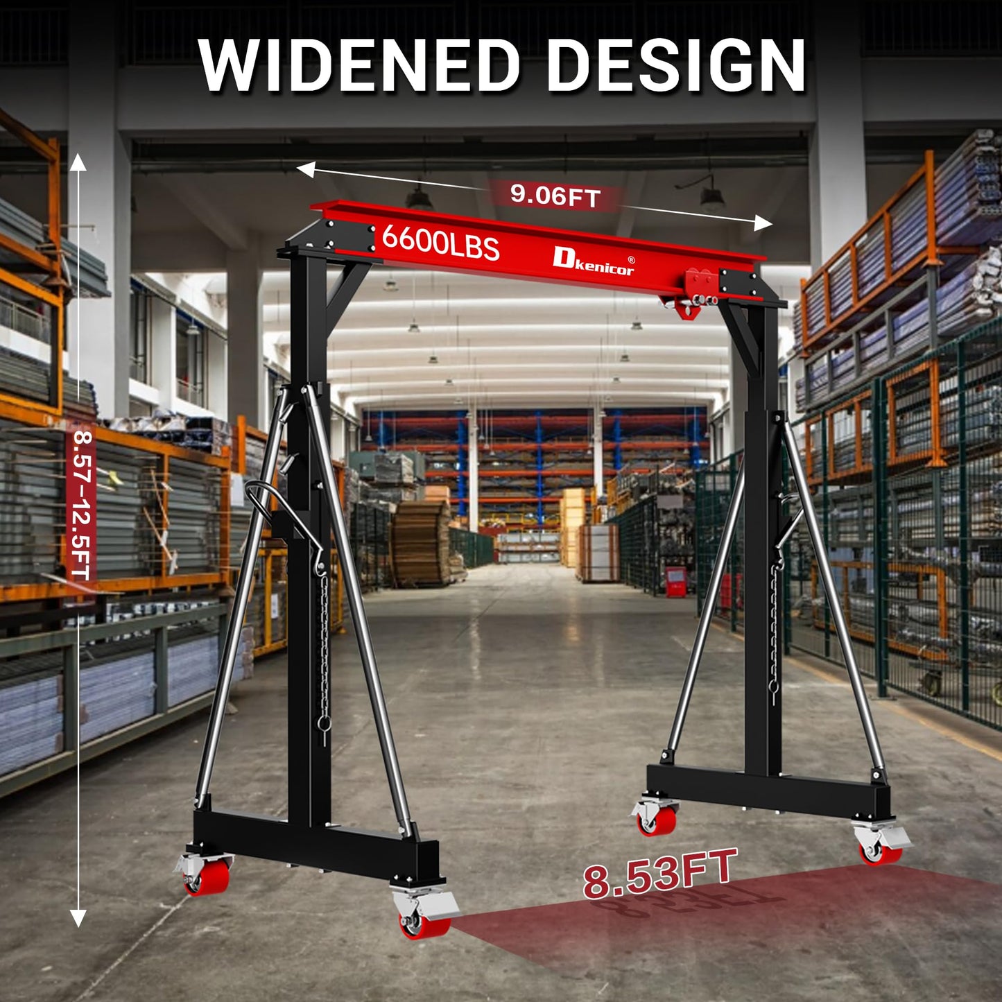 Dkenicor 3 Ton 6600Lb Gantry Crane, 8.53FT Maximum Width, 8.53-12.47ft Adjustable Height, Portable Shop Lift Hoist with 3 Ton Manual Trolley, Red
