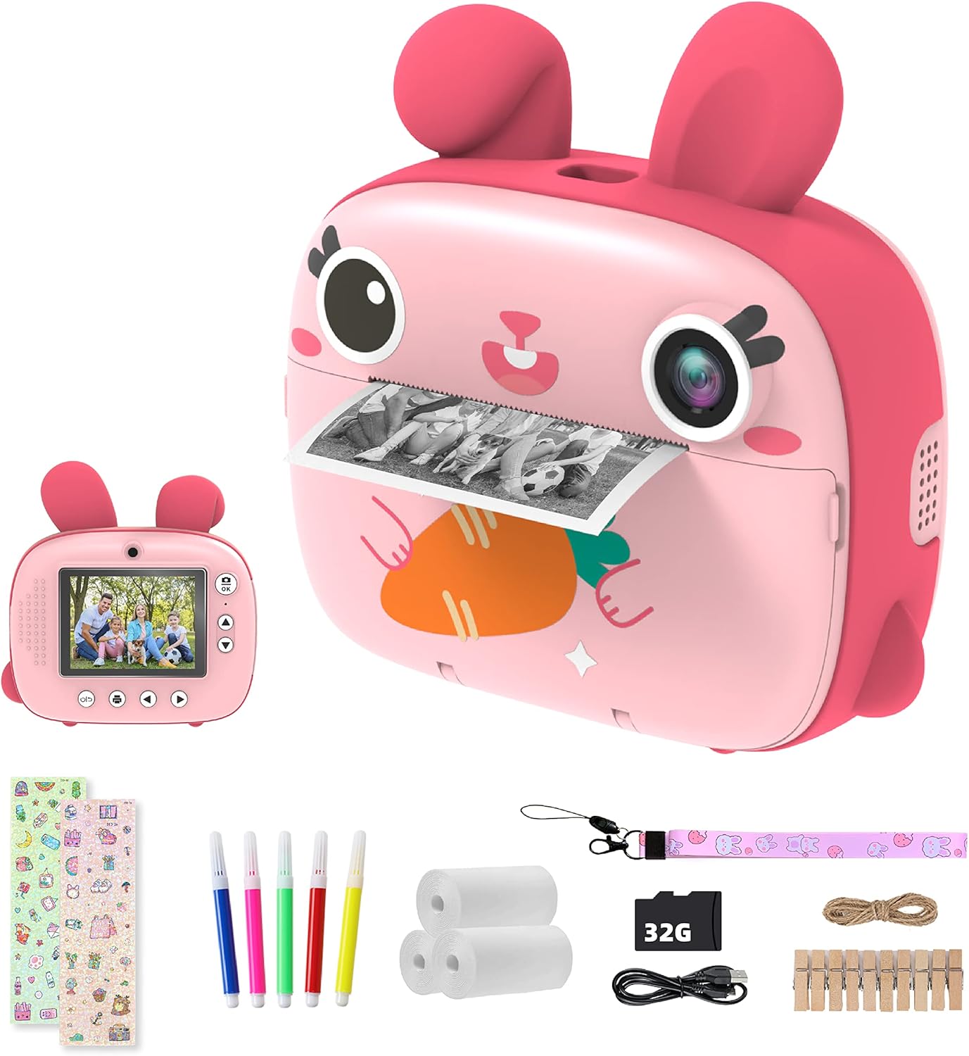 CAMCLID 2.5K 32GB 1080P 3-12 Kids Instant Camera - Instant Print Camera with No Ink, Card, Selfie & Video, Pink Toy