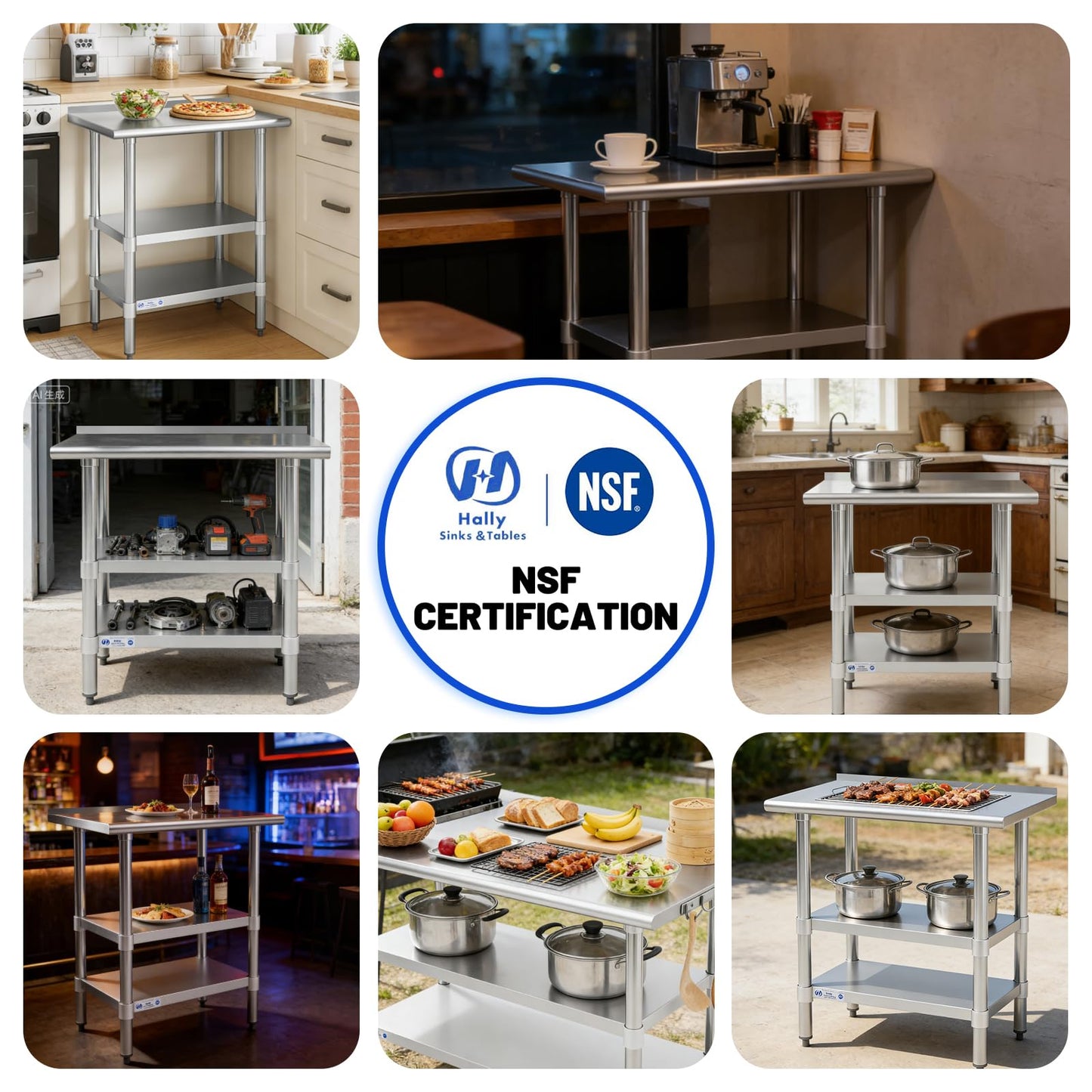 Hally 24 x 36 Inch Stainless Steel Prep Table with Backsplash, NSF Certified, 2 Adjustable Undershelves and Removable Hook for Kitchen, Restaurant, Garage