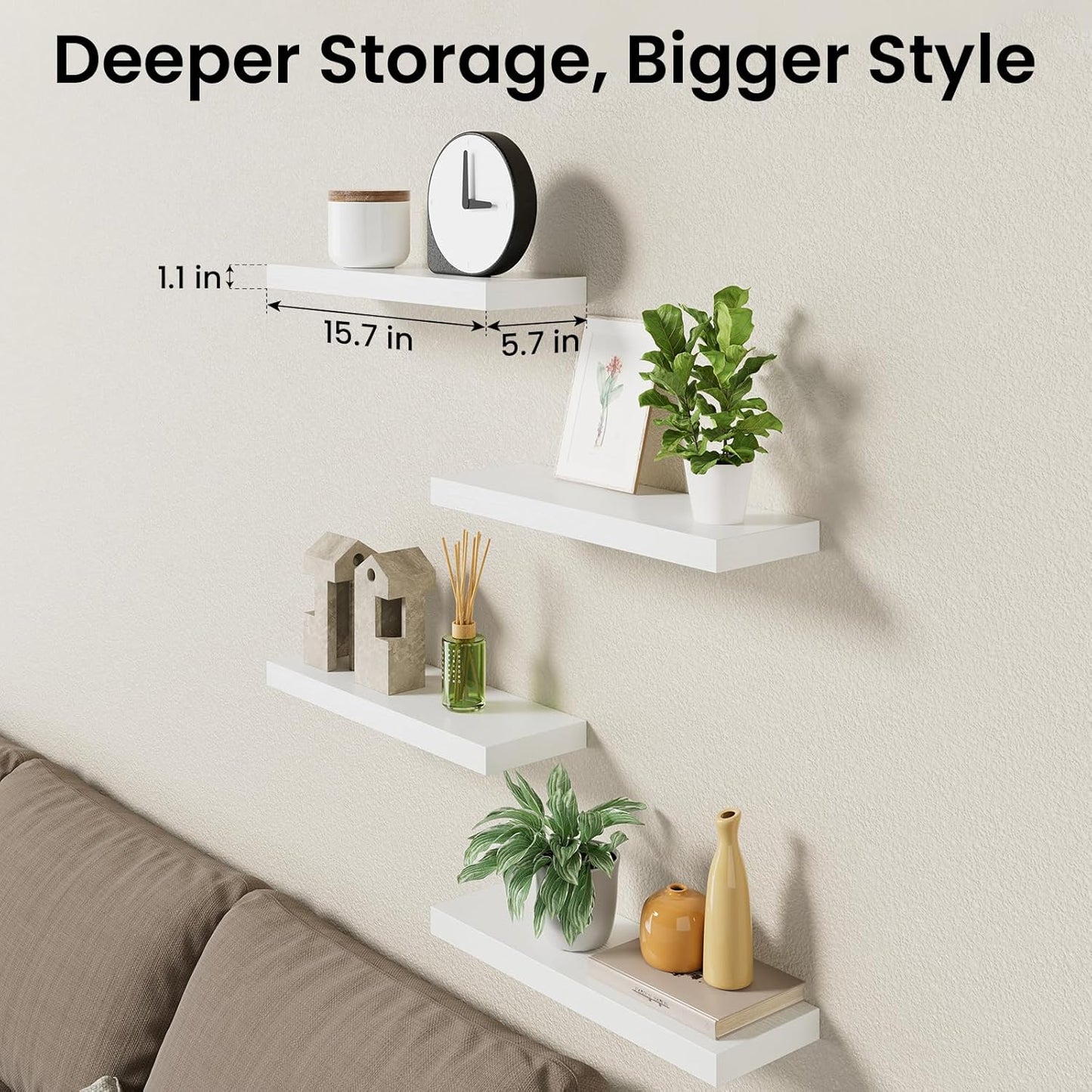 BAYKA Floating Shelves - Rustic Wall-Mounted Wood Shelves | 15.7in, Set of 4, 22lbs Capacity (White)